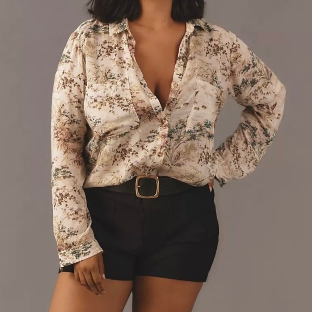 Pilcro Anthropologie Toile Print Button Down Shirt Ivory Floral Duck Sz 2X Modal